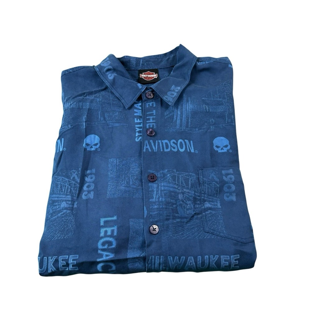 Harley Davidson Blue Skull Tori Richard Spellout Hawaiian Men's S/S Shirt XL